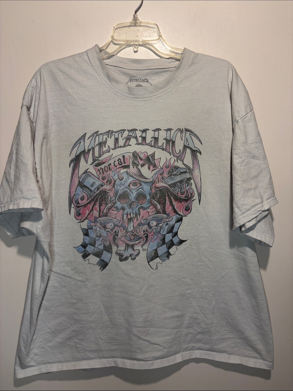 Metallica 100% Cotton Nor Cal Upcycled Acid Wash Top T-shirt Pink White SZ L/XL